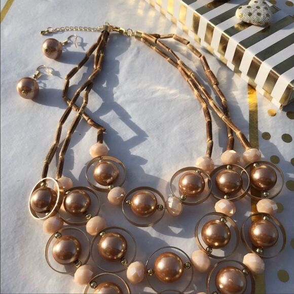 SUMMER Necklace & Earring Set Faux Pearls and  Wooden beads  New - Picture 2 of 7